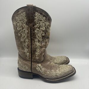 Corral Boots‎ Teens 4.5 Cowgirl Bone Embroidery Square Toe Western